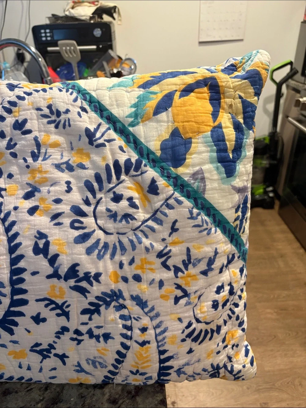 Anthropologie Blue and Yellow Floral Quilted Pillow Shams